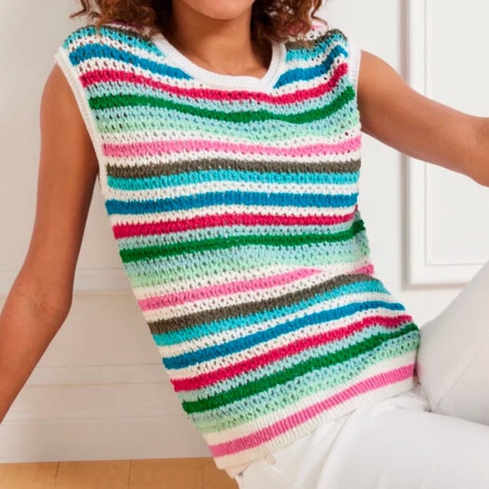 NWT Talbots Iced Mint Multicolor Striped Crochet Crewneck Pullover Sweater